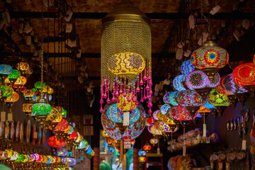 Turkish or Moroccan glass tea light hanging lantern displayed at Camden Market in London