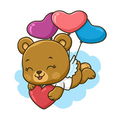 Naklejka na ściany i meble Cute bear flies with hearts balloon isolated on white background.