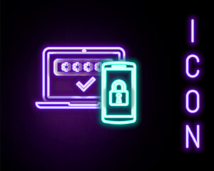 Glowing neon line Multi factor, two steps authentication icon isolated on black background. Colorful outline concept. Vector.