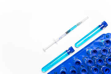 Vial syringe. Medical syringe with needle for protection flu virus and coronavirus. Covid vaccine on white. Medicine concept vaccination hypodermic injection treatment.