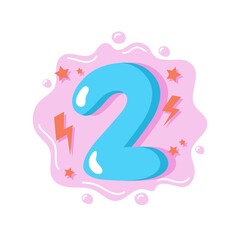 Cartoon number two for kids, birthday card template. Vector illustration