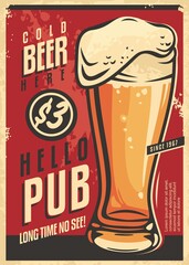 Pub wall decor advertisement with glass of cold beer and  appealing message. Drink beer retro poster on red background. Vintage vector image on old paper texture. © lukeruk