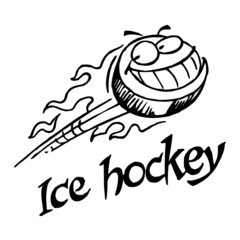 Hockey puck with face flying with flames around, winter sport joke, black and white cartoon