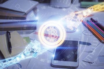 Double exposure of blockchain theme drawing and cell phone background. Concept of cryptomarket