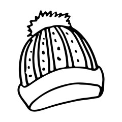 Warm winter hat with a pom-pom and a lapel. Doodle style. Hand drawn vector illustration on white background in black outline. Cozy winter warm clothes.