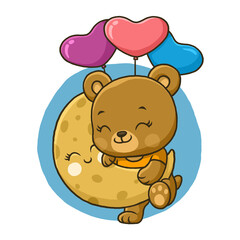 Fototapeta premium Cute bear on moon with hearts balloon isolated on white background.