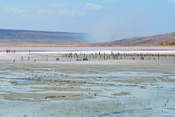 Dramatic Chokrak salt lake panorama with storm at background in Ukraine