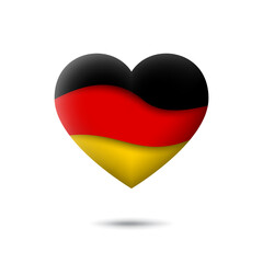 Germany flag icon in the shape of heart. Waving in the wind. Abstract waving germany flag. German tricolor. Paper cut style. Vector symbol, icon, button