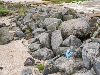 Face mask on boulders wide angle
