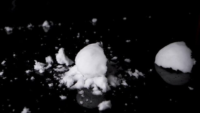 White snowball smashing on black surface in slow-motion