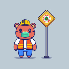 Cute bear with construction worker uniform wearing medical mask