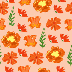 Seamless pattern of orange flowers on a pink background