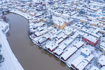 Aerial view of the old town of Porvoo, Finland in Winter