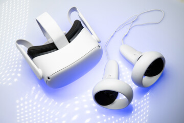 White new generation VR headset isolated on white background. Virtual reality headset  