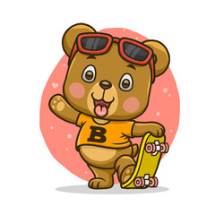 Cute bear with skateboard isolated on white background.
