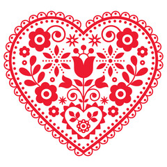 Folk art vector heart design with flowers perfect for Valentine's Day greeting card or wedding invitation - Polish pattern
	