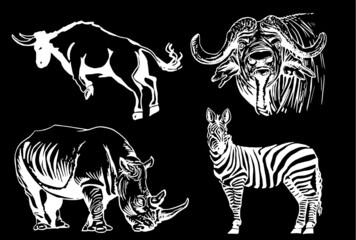 Vector set of  wild animals on black background, vector illustration