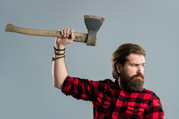 raise a riot. male hairdresser or barbershop. brutal butcher in shirt. lumberjack ready to work in forest. confident brutality of woodman. woodcutter use ax. bearded man with axe. cut hair with ax