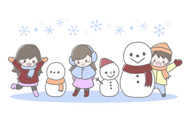 冬のかわいい子ども達と雪だるまの手描き風イラスト