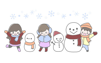 Fototapeta premium 冬のかわいい子ども達と雪だるまの手描き風イラスト