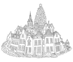Christmas and New Year greeting, invitation card on a white  background. Fairy tale old medieval town street, church, houses,  Christmas fir tree dark silver contour