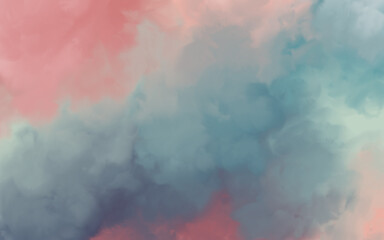 Abstract heavenly watercolor background in blue, purple and pink colors. Copy space, horizontal banner.
