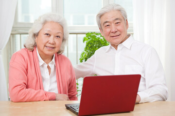 Fototapeta na wymiar The happy old couple are using laptops