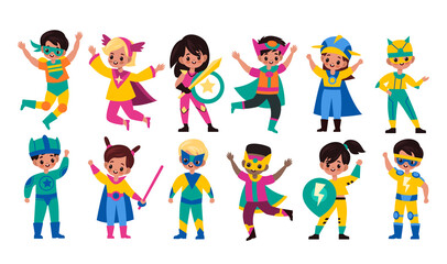Kids superheroes. Children in superhero comics costumes, cute brave girls and strong boys in capes and masks collection, different powers owners. Vector flat cartoon characters set