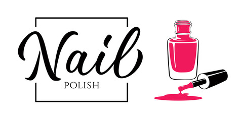 Nail polish - hand lettering and font design with open nail polish bottle. Illustration for nail studio, manicure master, beauty salon, print, decorative card. Vector.