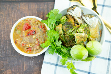 Fermented fish spicy dip served with fried mackerel and fresh of vegetables