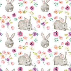 pattern with rabbits hand drawn watercolor pastel colors blossom spring