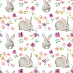 pattern with rabbits hand drawn watercolor pastel colors blossom spring