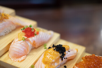 Delicious Japanese various sushi salmon