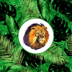 Seamless pattern illustration with palm,monstera and fern leaves and lion isolated on white background - 403588148