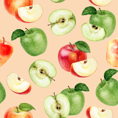 Watercolor seamless pattern apples on a color background.