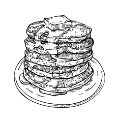 Sketch Stack of Pancakes with Butter and Syrup on plate. Ink illstration on white