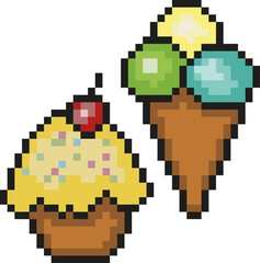 Pixel art group. Cupcake, ice cream.	
