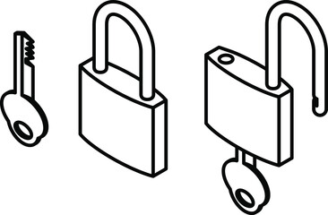 Key and padlock in locked and unlocked states.