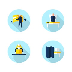 Fototapeta premium Futuristic office innovations flat icons set. Smart table, remote management, virtual reality and more. Smart technologies. Workplace in future concept. Color vector illustrations with shadow
