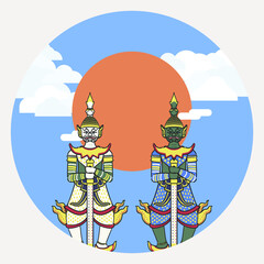 Two giant sculpture from the tale of Thailand which is the guardian at the temple's gate standing under sunshine and cloudy sky.