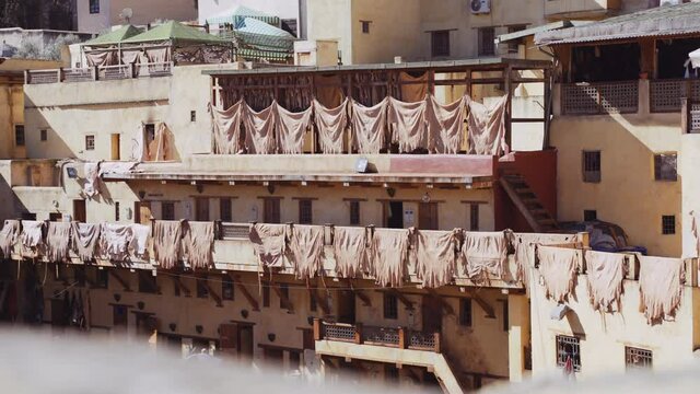 Leather Hanging From Balconies In The Chouara Tannery
