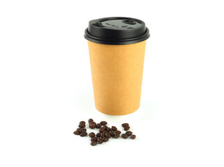 Blank take away kraft coffee cup with coffee bean isolated on a white background..