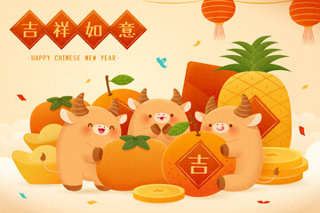 Obraz premium 2021 CNY cute cattle greeting card