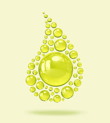 Shiny spheres in the shape of olive oil drop