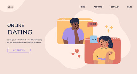 Valentines Day video call, online dating landing page. Young girl and guy in love have a date at a distance, couple talk and flirt by videoconference. Modern trendy illustration in flat cartoon style