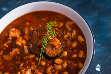 plant-based food, vegan  aubergine beans and rise stew