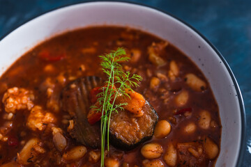 plant-based food, vegan  aubergine beans and rise stew