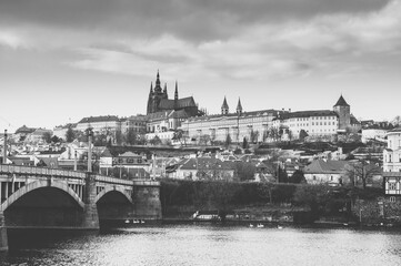 View on Hradcany and Charles Bridge, Vltava river, Prague, Czech republic 2017