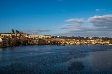 View on Hradcany and Charles Bridge, Vltava river, Prague, Czech republic 2017