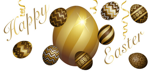 Carte vectorielle 3D d’un gros oeuf de Pâques or entouré de plusieurs œufs en chocolat décoré d’or.